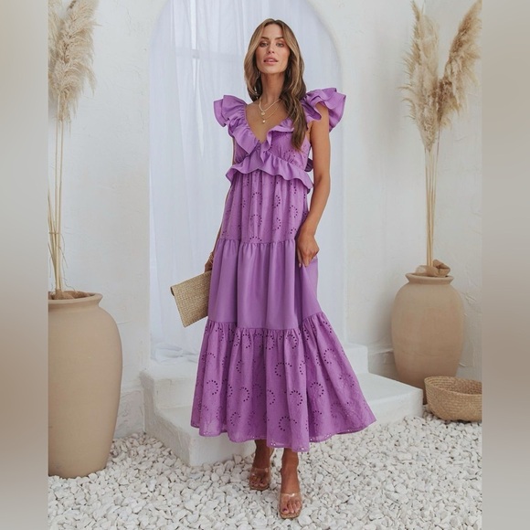 VICI Eyelet Tiered Ruffle Sleeve Women's Purple Maxi Dress Small